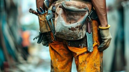 A back view of a worker wearing a fully equipped tool belt over bright orange work pants, capturing the essence of workwear and readiness for labor tasks.
