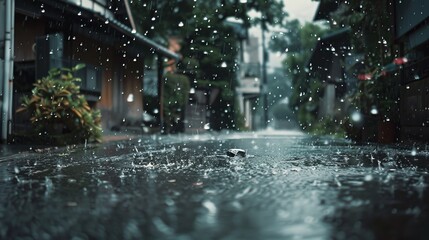 Image depicting rain falling on a city street, capturing countless reflections on the wet surface. It portrays the lively yet serene nature of urban life in rainy weather.