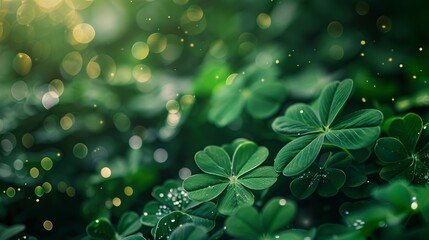 A stunning lush green scene of clover leaves with magical bokeh light spots creating a dreamy and enchanting atmosphere, perfect for nature and serenity themed projects.