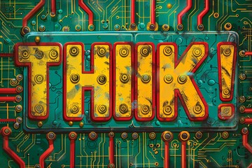 Fototapeta premium Comic-style illustration of AI chip with bold 'THINK!' text overlay