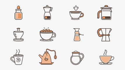 Line art illustrations showcasing a variety of coffee brewing equipment, highlighting different methods and tools used in making coffee, ideal for coffee aficionados.