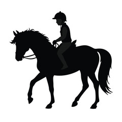child riding a horse, vector silhouette illustration, white background, 