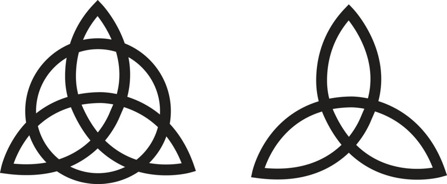 Triquetra signs icons Set. Leaf like Celtic simple symbols black vector illustration. Trikvetr knot with Circle Power of three Viking tribal for tattoo flat styles isolated on transparent background.