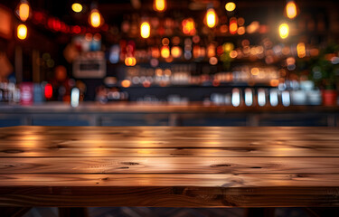 Obraz premium Empty wooden table rustic and blurred background of bar or pub. For product display.&nbsp;