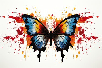 Naklejka premium Colorful butterfly artwork with splashes of paint, blending vibrant hues of blue, yellow, orange, and red, symbolizing creativity and freedom.