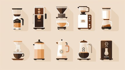 A set of illustrations depicting different styles of coffee makers such as drip coffee maker, espresso machine, French press, and percolator, each designed uniquely.