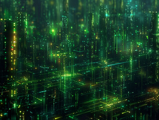 Obraz premium Eine Metropole aus grünem Computercode, abstrakte Darstellung einer futuristischen Stadt, Querformat