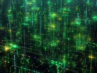 Fototapeta premium Grüne Linien aus Computercode formen eine stadtähnliche Ansicht mit Hochhäusern und Straßen, dunkler Hintergrund im Querformat
