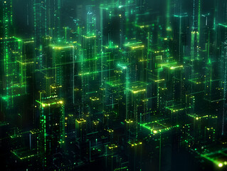 Eine Hochhausmetropole, die aus gr&uuml;nem Licht und Datencode entsteht, futuristisch-abstrakter Hintergrund im Querformat