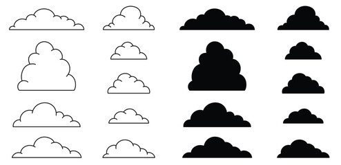 Cartoon Fluffy Clouds with Flat Base Asset Clipart Illustration Set - Outline & Silhouette