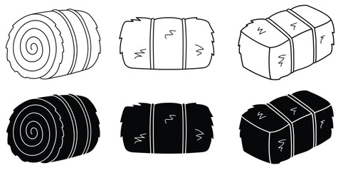 Cartoon Straw Haybale Isolated Clipart Illustration with Round and Square Variations - Outline and Silhouette Stamp © ATerra