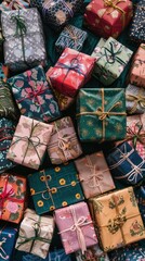 Fototapeta premium Colorful Assortment of Wrapped Presents - A vibrant collection of beautifully wrapped presents in various colors and patterns, perfect for festive occasions.