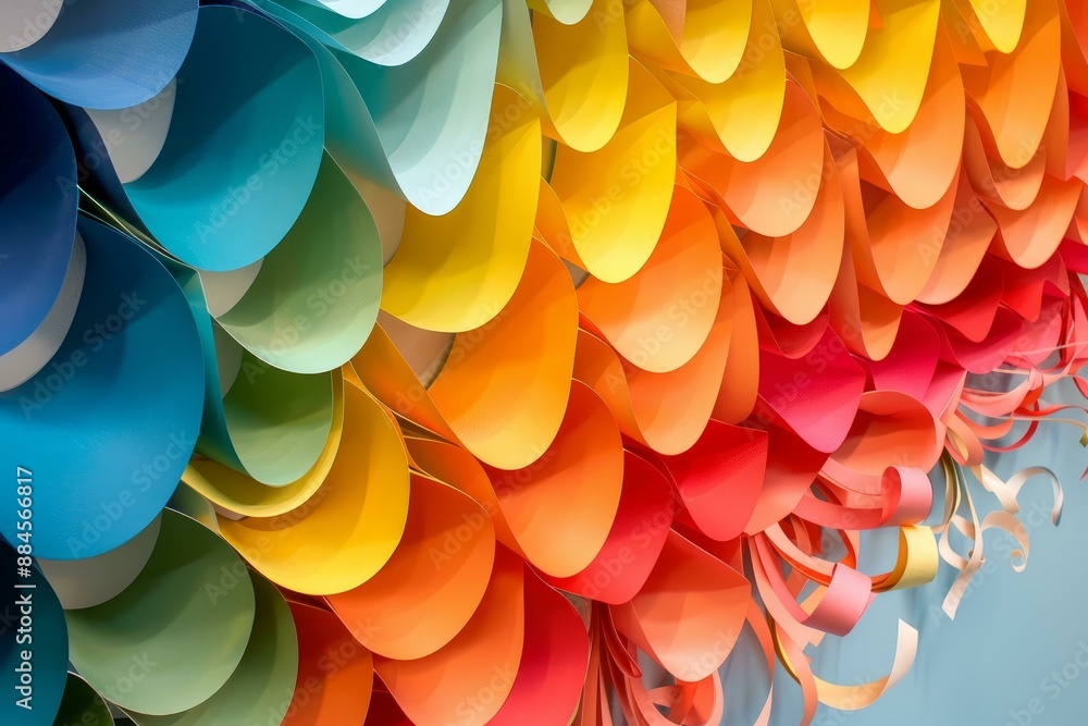 Poster vibrant multicolored paper sheets in a wavy pattern create a dynamic and modern background