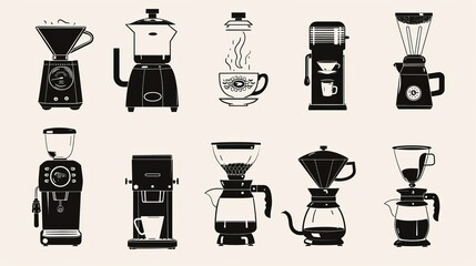 A series of black and white silhouette illustrations depicting different coffee equipment. Each piece showcases a unique design with an old-fashioned flair.