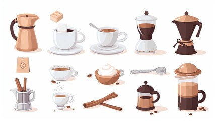 Illustration of a warm and cozy coffee setup featuring a range of brewing tools, cups, and coffee beans, depicting the pleasure of preparing and enjoying coffee in a comforting atmosphere.