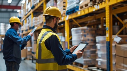 Two warehouse workers wearing hard hats and safety vests are using a tablet to check inventory in a large warehouse.