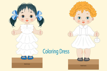 Double paper doll illustration with doll and different clothes to color