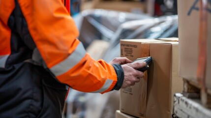 Warehouse worker scanning box with handheld scanner