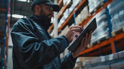 Warehouse worker using tablet to check inventory