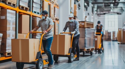 Warehouse workers wearing face masks pushing carts full of boxes