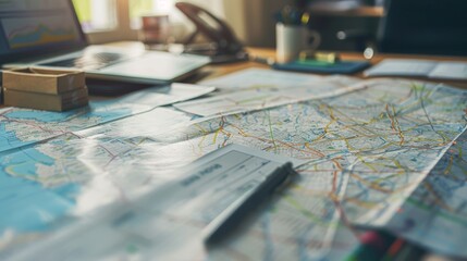 World map on the table with laptop and pen. Planning travel or business.