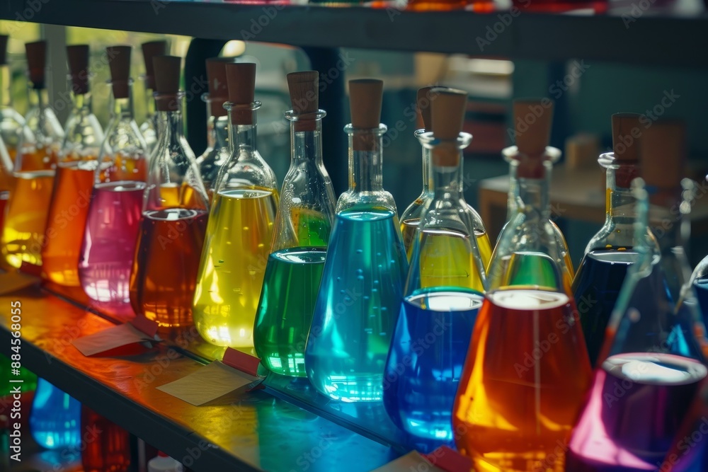 Poster selection of glass flasks filled with brightly colored liquids in a science lab