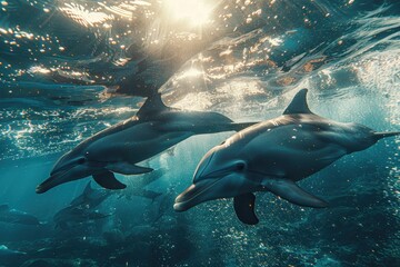 Naklejka premium A group of dolphins swimming underwater in the ocean with sun rays shining through the surface, ultra-realistic photo quality and cinematic lighting, blue and teal tones, digitally created 