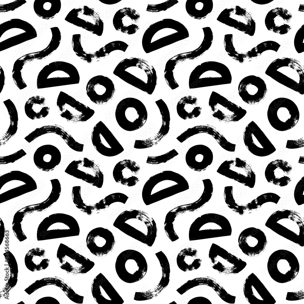 Poster Grunge style geometric seamless pattern with brush-drawn waves and semicircles. Hand drawn vector geometric figures background.