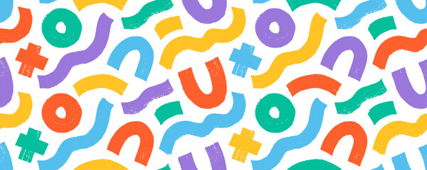 Colorful brush drawn bold geometric shapes and lines seamless pattern. Grunge style abstract vector wallpaper. Childish background with rough bright shapes. Doodle grunge style.