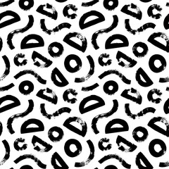 Grunge style geometric seamless pattern with brush-drawn waves and semicircles. Hand drawn vector geometric figures background.