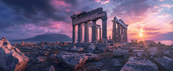 Panoramic view of Ancient temple ruins at dusk, remains of old Greek building on dramatic sky background. Concept of antique, Greece, landscape, travel