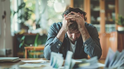 A person sits at a table strewn with paperwork, holding their head in their hands, capturing a moment of stress, frustration, and overwhelm in a home setting.