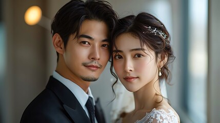  Korean couple like in a Korean drama with a modern man and woman with long beautiful hair 