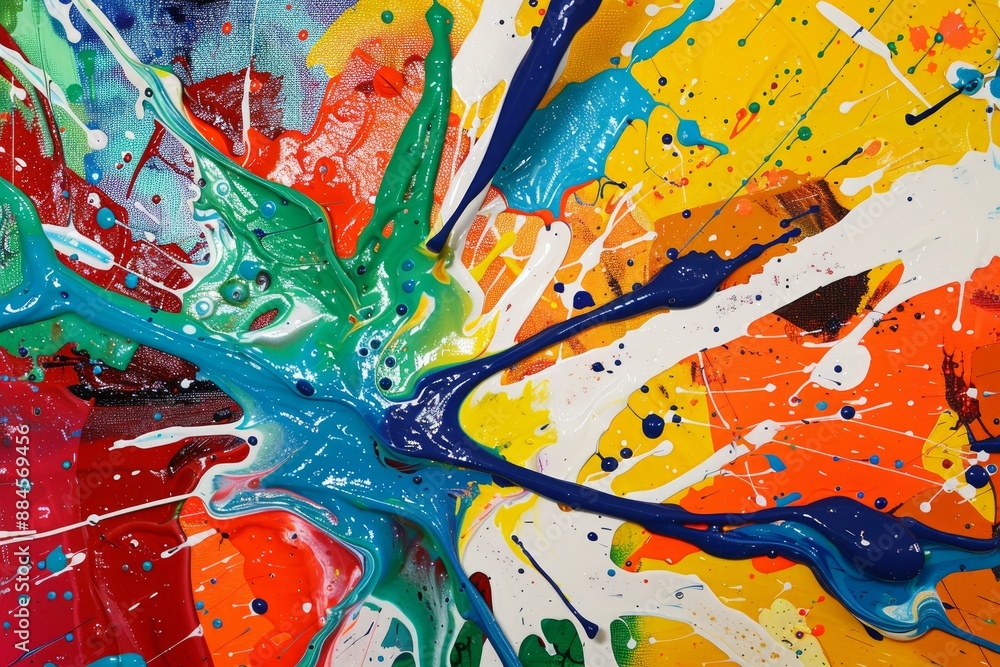Poster dynamic acrylic paint swirls with vibrant colors and bold splatters creating an abstract artwork