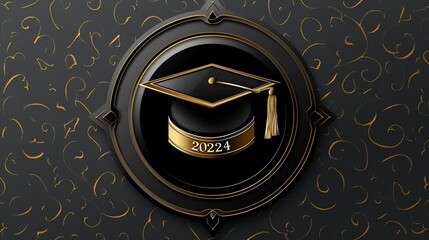 A stylish golden emblem featuring a sleek graduation cap and the year 2024, adorned with intricate designs and set against a sophisticated black background, signifying academic achievement.