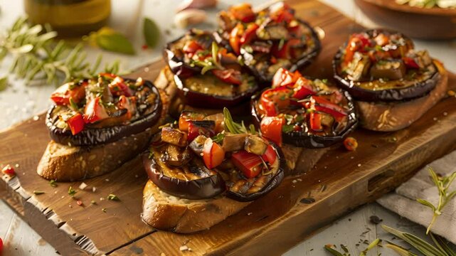 A burst of Mediterranean flavors in every bite with grilled veggie bruschetta featuring a blend of grilled eggplant zucchini and roasted red peppers all drizzled with a homemade garlic