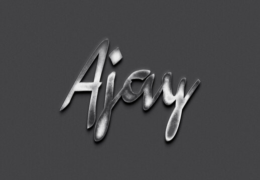 Chrome metal 3D Hindi name design of Ajay on grey background.	