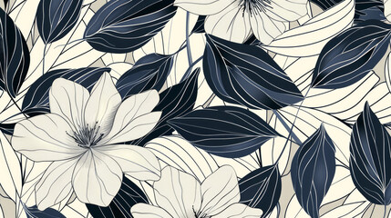Floral pattern with retro lines, leaves, and flowers. In modern style. Monochrome foggy colors. Vintage style. For textiles.