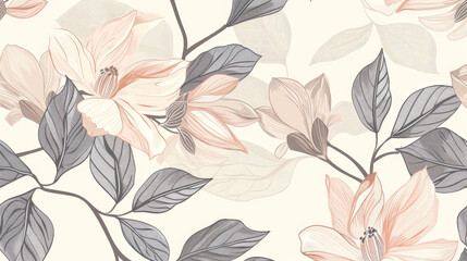 Floral pattern with retro lines, leaves, and flowers. In modern style. Monochrome foggy colors. Vintage style. For textiles.