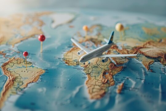 Airplane flying over a map with marked destinations, representing global travel.