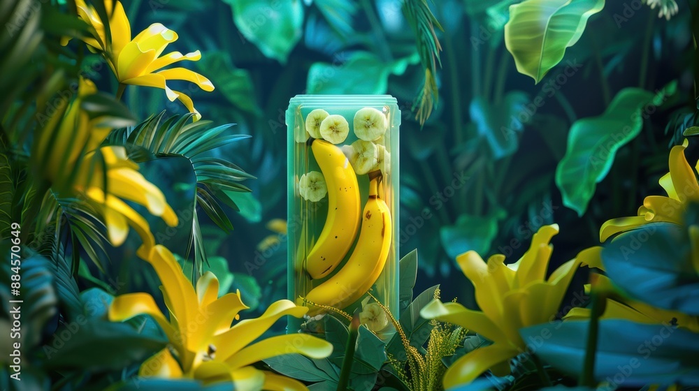 Sticker a bunch of bananas sitting in a jar in the middle of a jungle