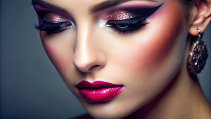 Dramatic eye makeup with a focus on blush