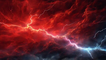 abstract background Lightning storm flashes in the red sky.