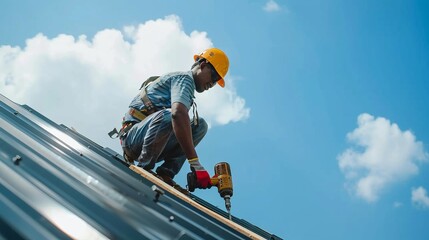 A roofer equipped with safety gear is using a drill on a sloped metal roof against a backdrop of clear blue skies, representing precision and dedication in roofing.