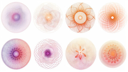 Intricate geometric patterns and secure borders for passports or checks. These spiral guilloches include spirograph patterns and borders. Suitable for certificates and decorative watermarks.