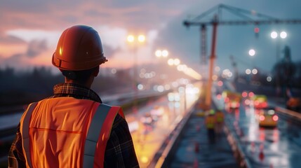 A construction worker wearing reflective gear and a hard hat is captured overseeing a busy evening construction site, illustrating dedication and focus in developing infrastructure.