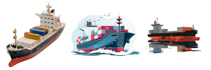 Cargo ship, lighthouse, and container vessel isolated on a white background, png