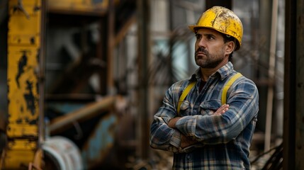 A worker wearing a hard hat and a plaid shirt stands with folded arms at a construction site, surrounded by machinery and structural elements in an industrial setting.