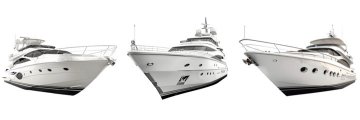 Luxury yacht side view, top-down view, and front view isolated on a white background, png