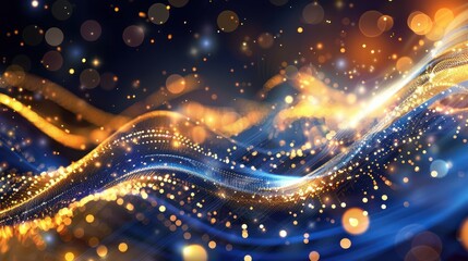 Abstract Golden and Blue Wave with Glowing Lights